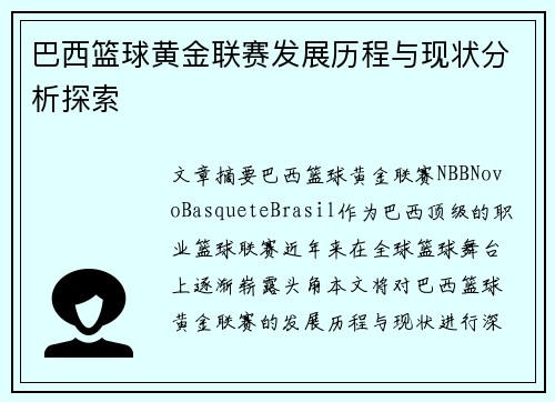 巴西篮球黄金联赛发展历程与现状分析探索