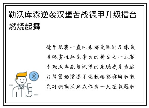 勒沃库森逆袭汉堡苦战德甲升级擂台燃烧起舞