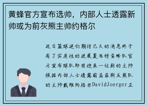 黄蜂官方宣布选帅，内部人士透露新帅或为前灰熊主帅约格尔